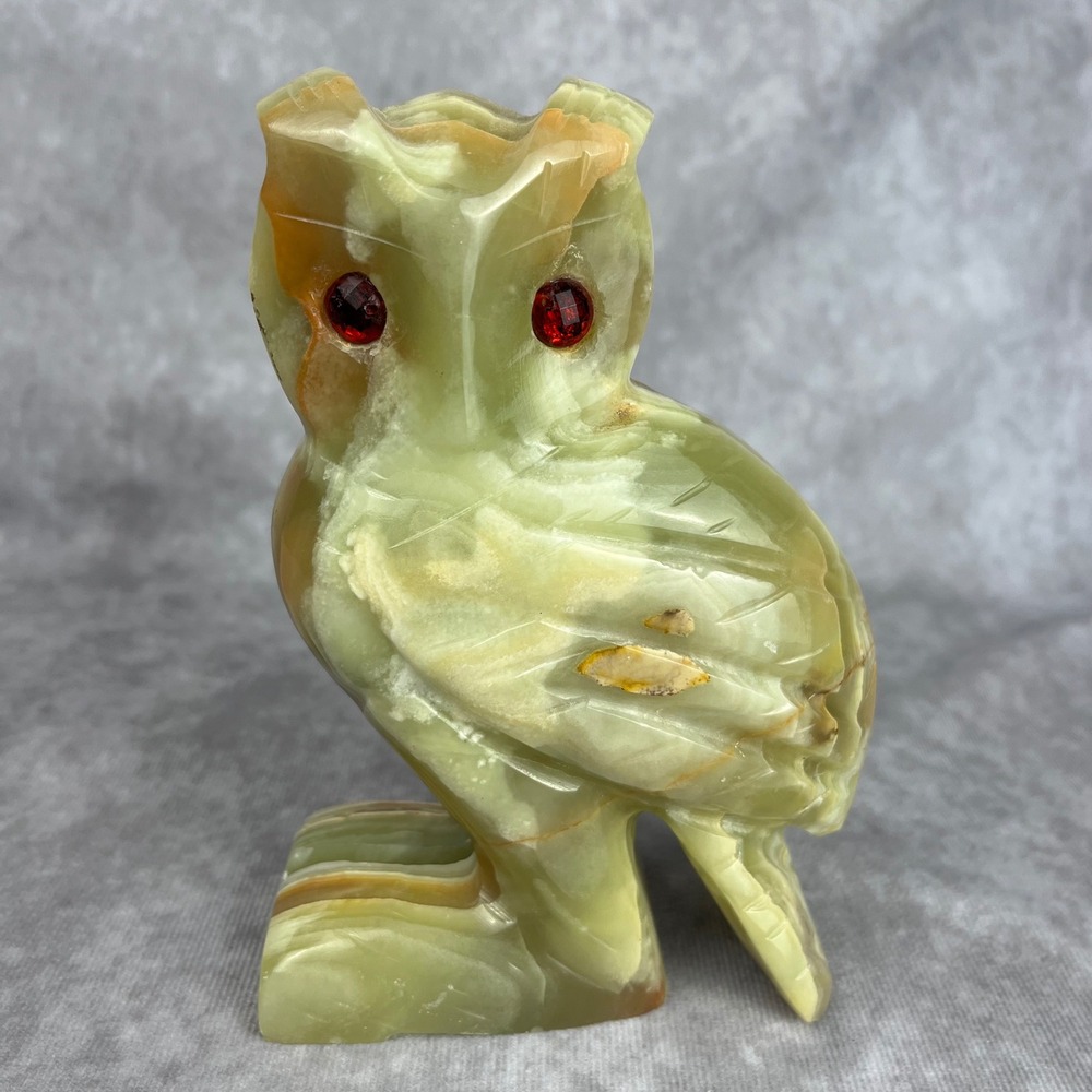 Vtg Owl Decor Green Onyx Carved Figurine Sculpture Red Ruby Eyes Art Paperweight - Picture 1 of 8